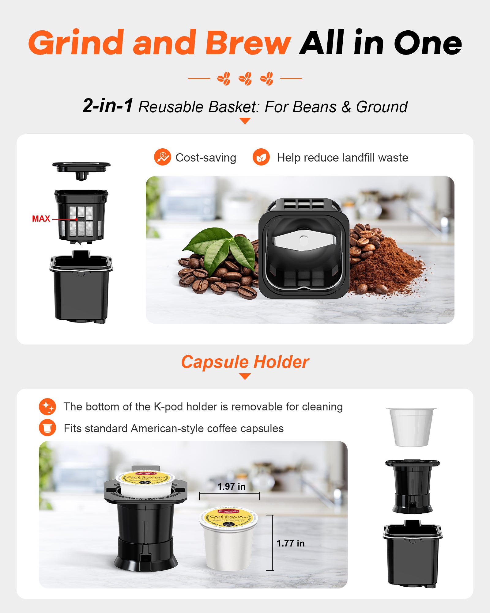 Horavie Grind & Brew Single-Serve Coffee Maker – Built-in Grinder, 47 oz Tank, 6–16 oz