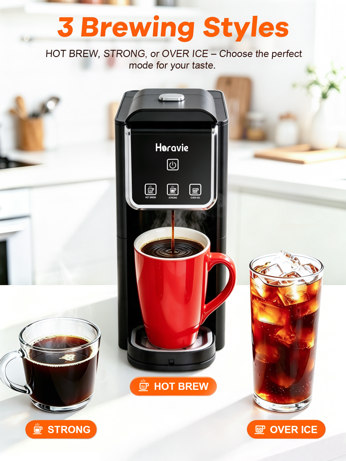 Horavie Hot & Iced Single-Serve Coffee Maker – K-Pod & Ground, Strong Brew, 6–12 oz