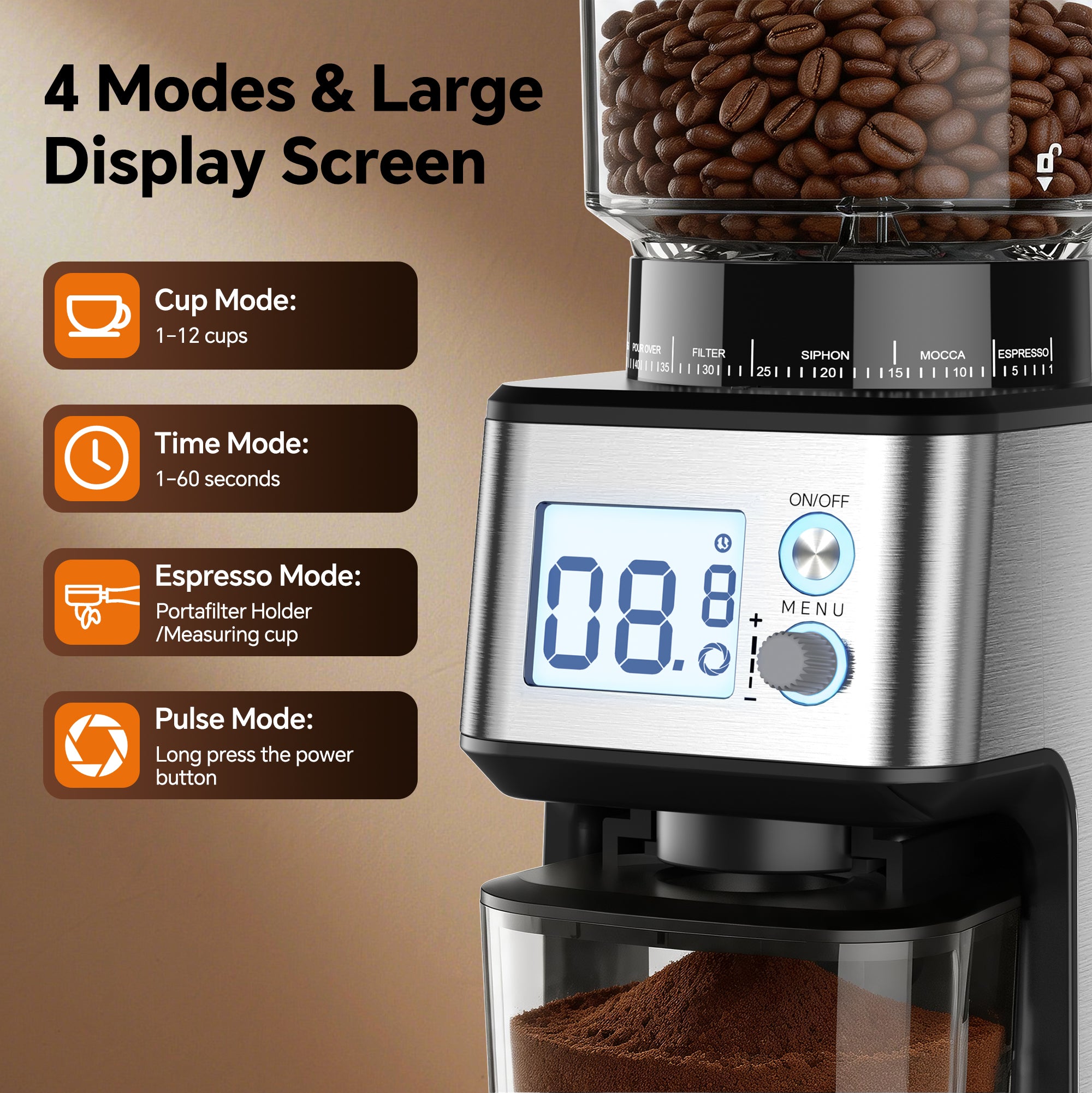 Conical Burr Coffee Grinder – 51 Settings, LED Display, Anti-Static, 1–12 Cups