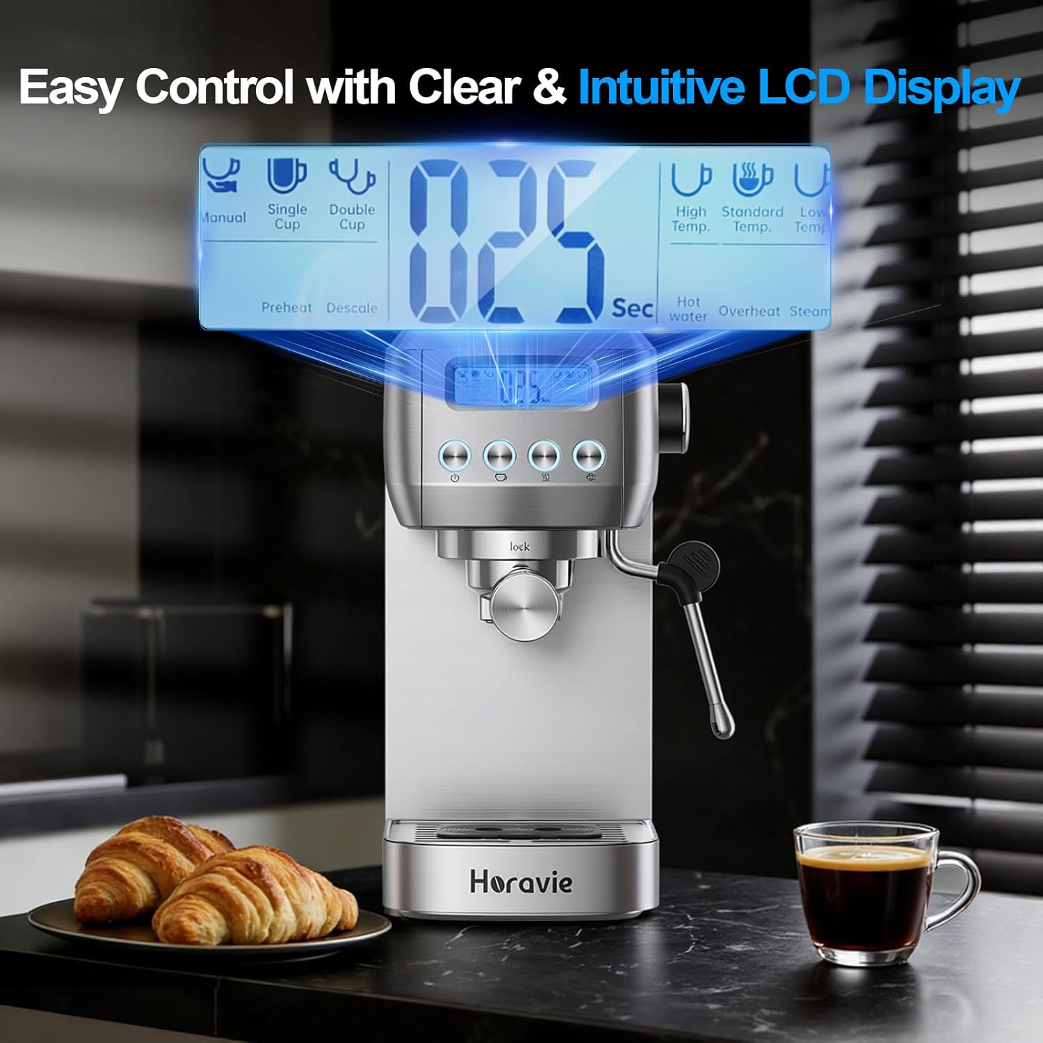 Horavie Espresso Machine with LCD Display & Milk Frother – Cappuccino & Latte Maker