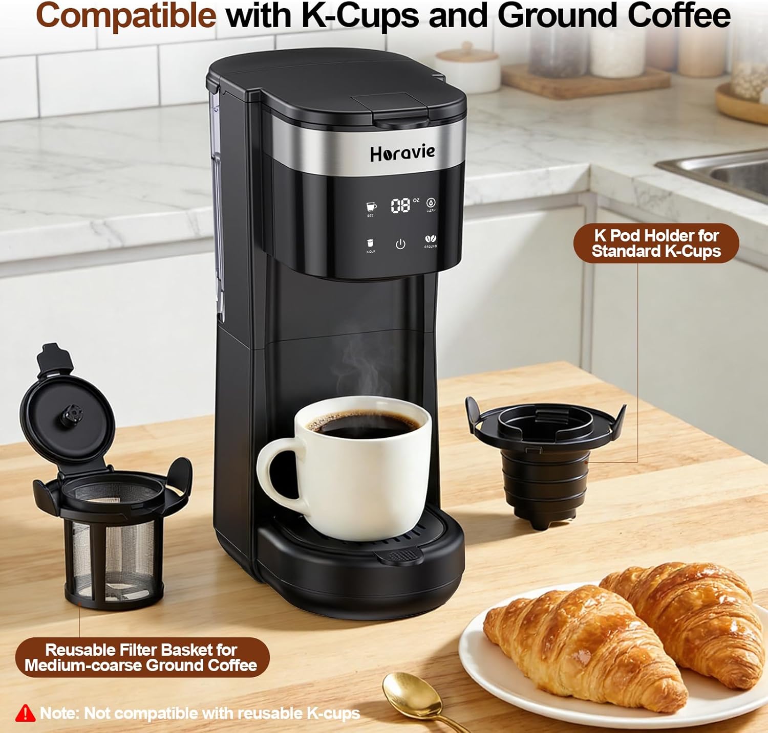 Horavie Single Serve K-Cup Coffee Maker | 5 Brew Sizes, Hot & Iced, 30oz Reservoir, Fits 7.8″ Travel Mug
