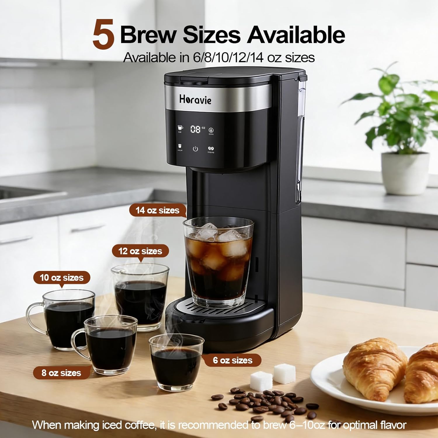 Horavie Single Serve K-Cup Coffee Maker | 5 Brew Sizes, Hot & Iced, 30oz Reservoir, Fits 7.8″ Travel Mug