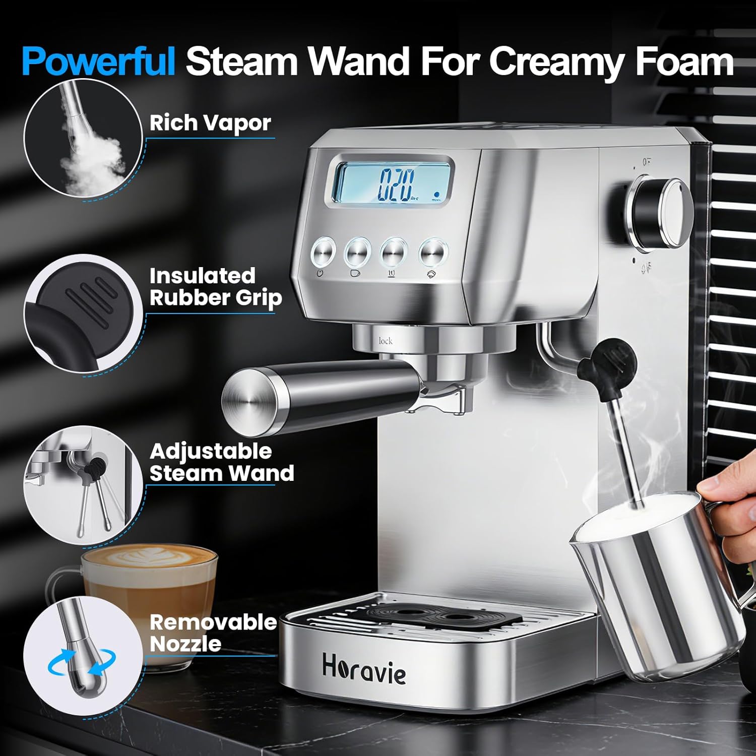 Horavie Espresso Machine with LCD Display & Milk Frother – Cappuccino & Latte Maker