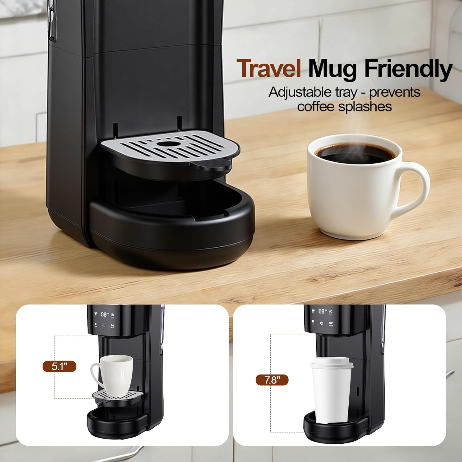 Horavie Single Serve K-Cup Coffee Maker | 5 Brew Sizes, Hot & Iced, 30oz Reservoir, Fits 7.8″ Travel Mug