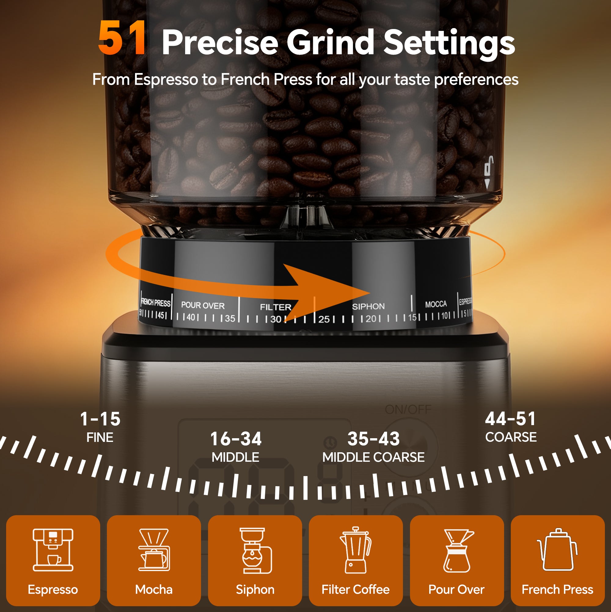 Conical Burr Coffee Grinder – 51 Settings, LED Display, Anti-Static, 1–12 Cups