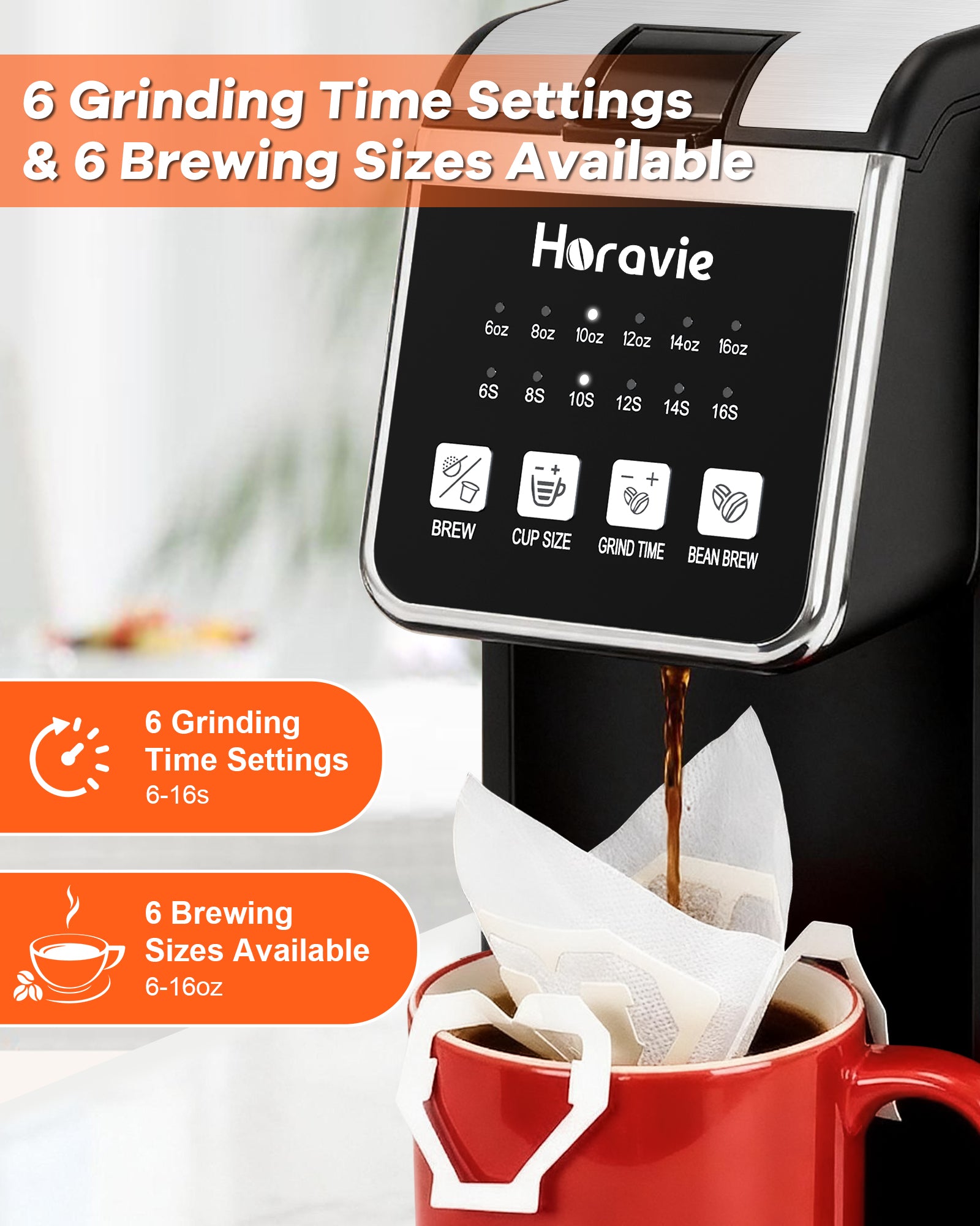 Horavie Grind & Brew Single-Serve Coffee Maker – Built-in Grinder, 47 oz Tank, 6–16 oz