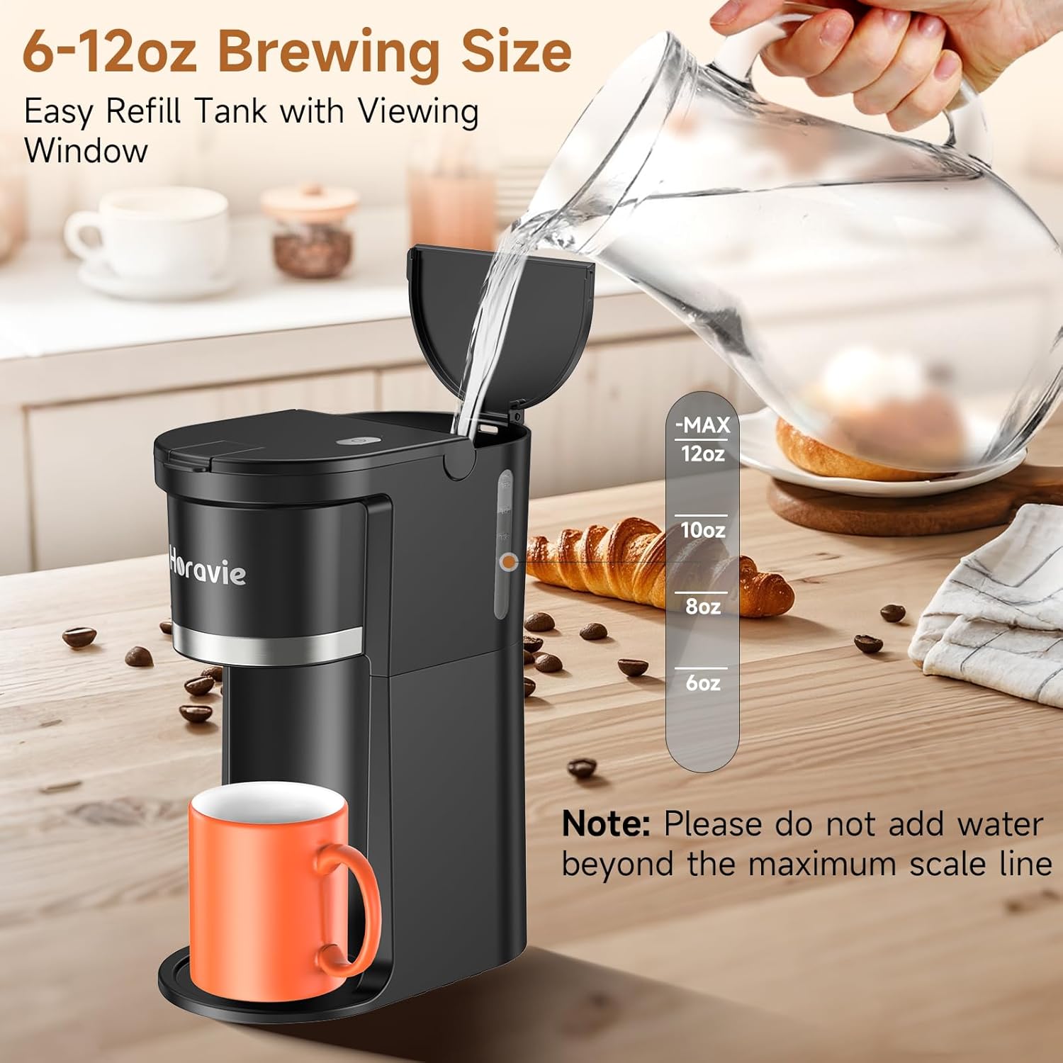 Horavie Single-Serve Coffee Maker with Viewing Tank – K-Cup & Ground, 6–12 oz