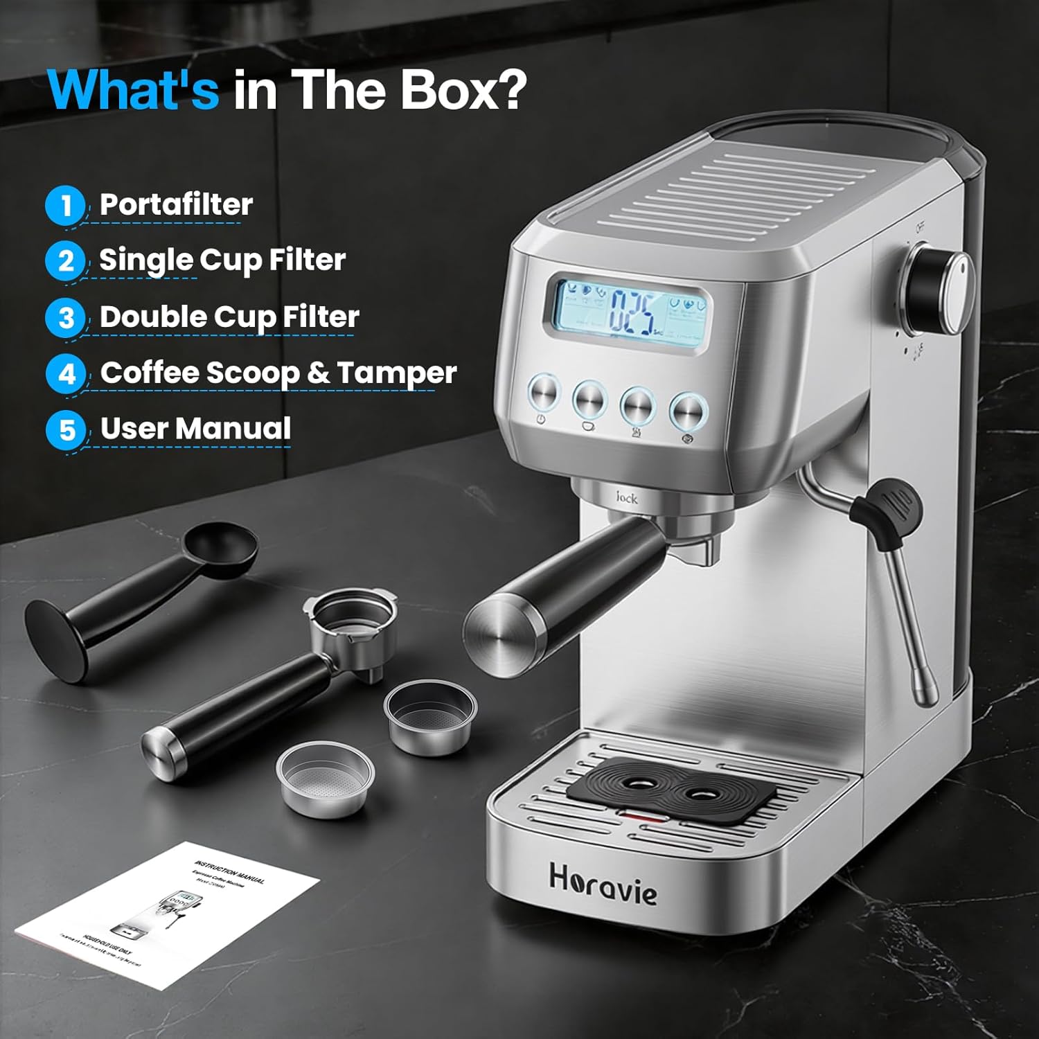Horavie Espresso Machine with LCD Display & Milk Frother – Cappuccino & Latte Maker