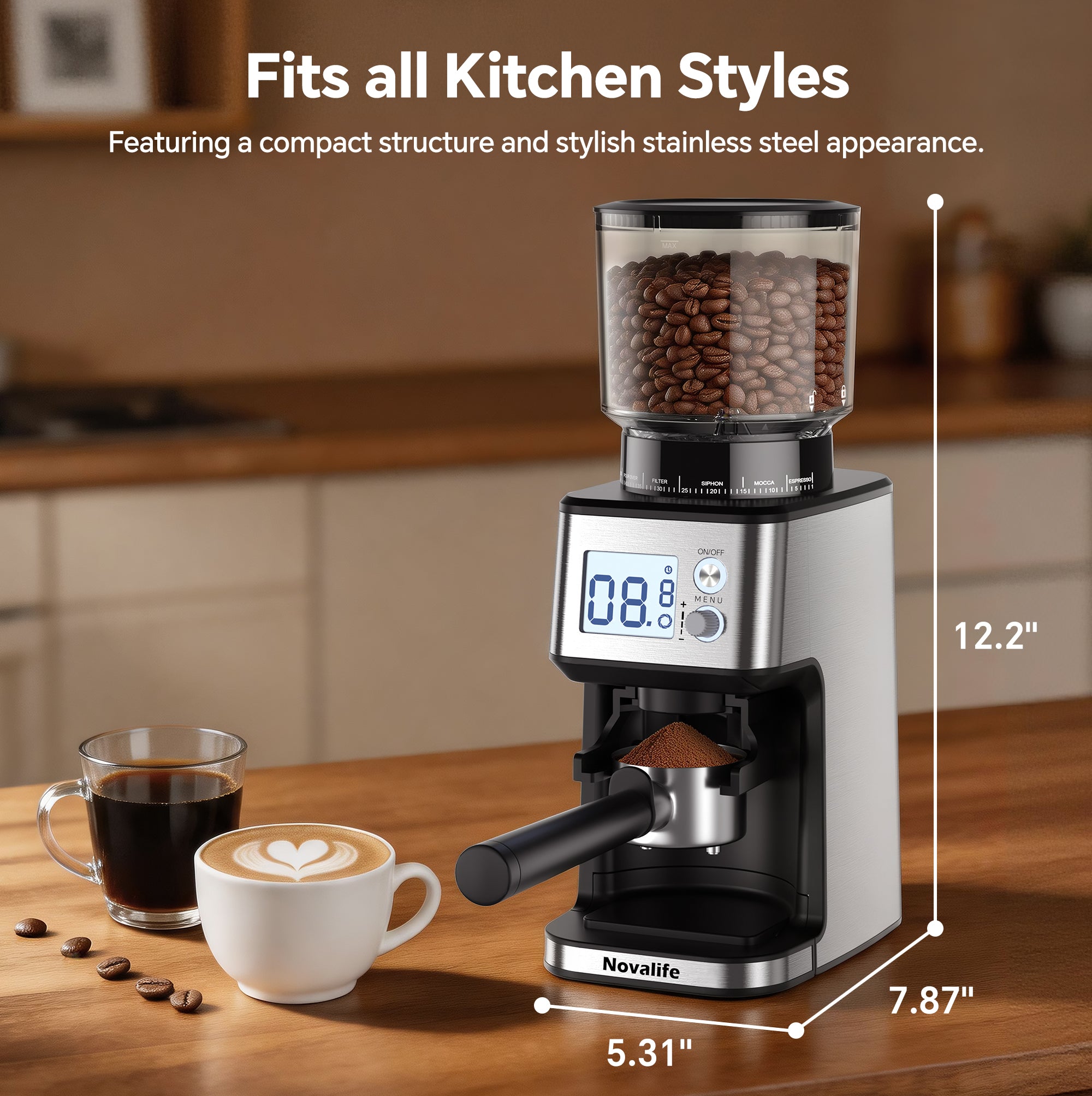 Conical Burr Coffee Grinder – 51 Settings, LED Display, Anti-Static, 1–12 Cups