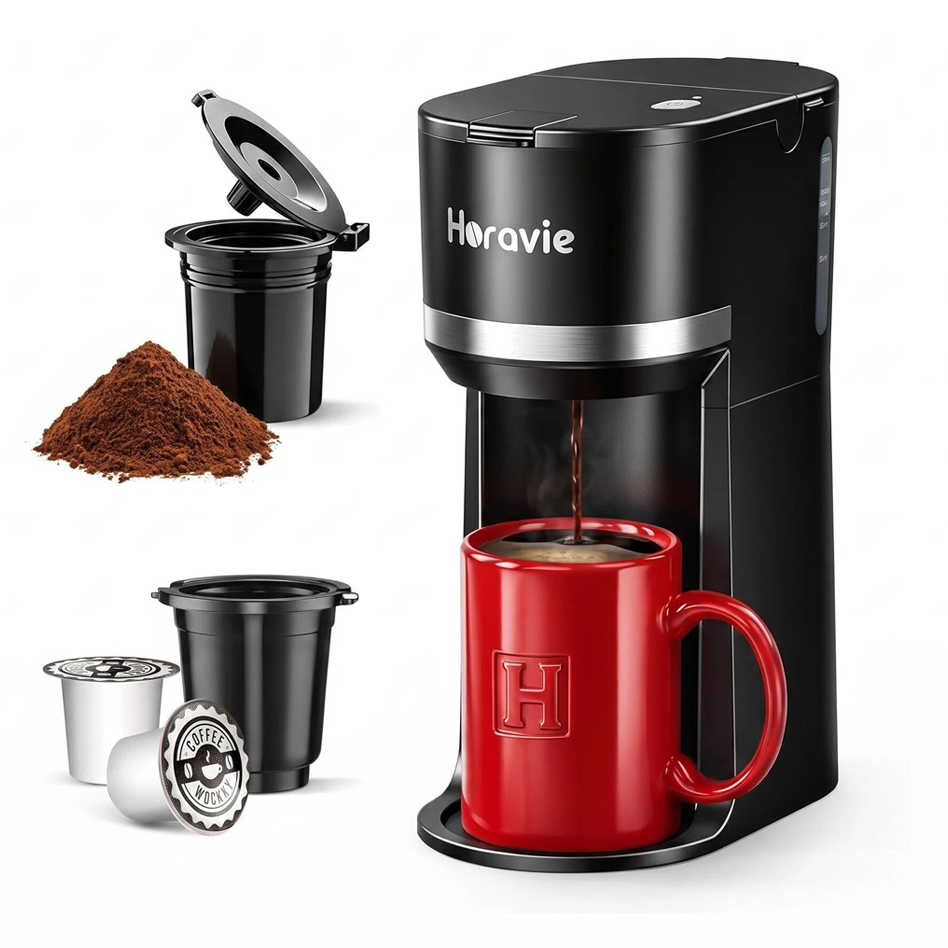 Horavie Mini Single-Serve Coffee Maker – K-Cup & Ground, 6–12 oz, Fast Brew