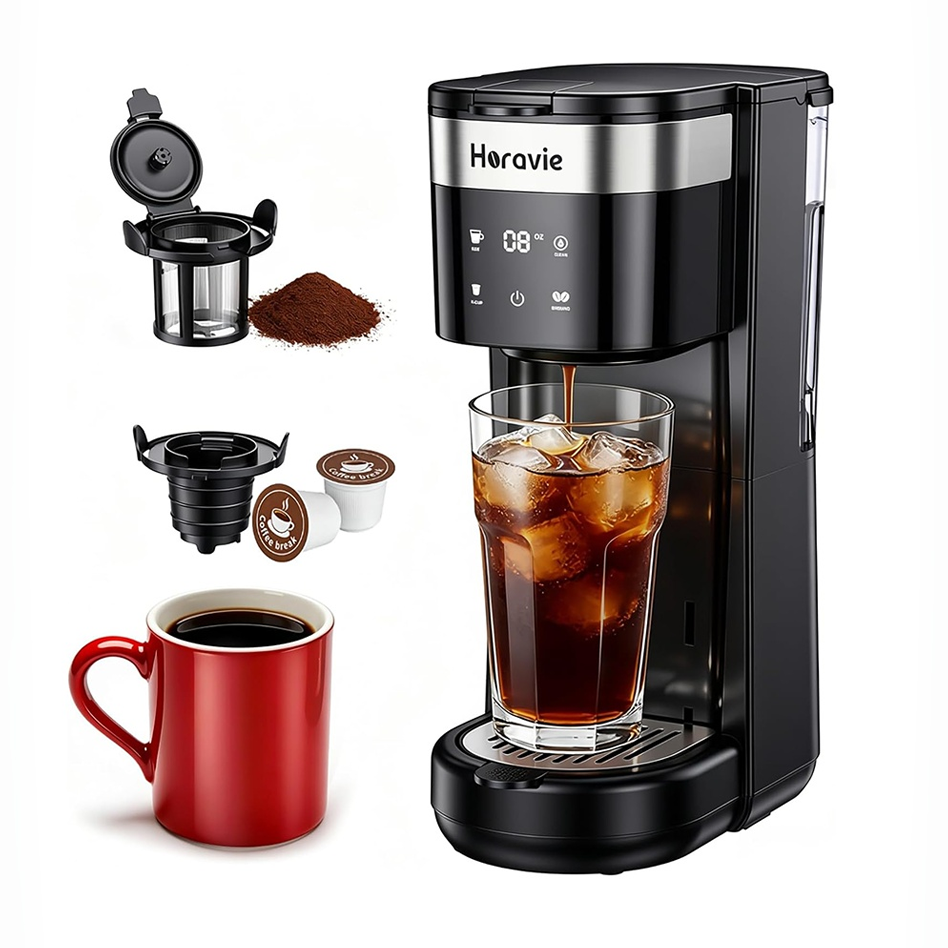 Horavie Single Serve K-Cup Coffee Maker | 5 Brew Sizes, Hot & Iced, 30oz Reservoir, Fits 7.8″ Travel Mug