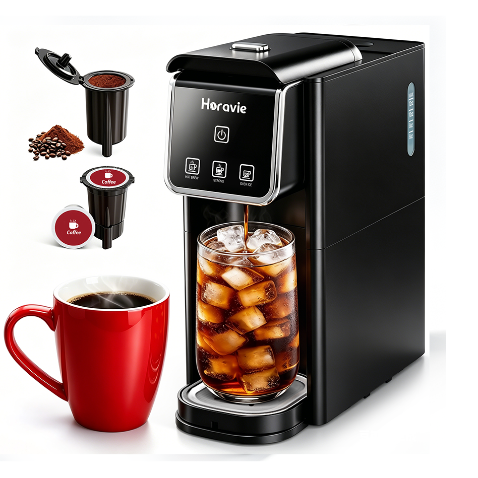 Horavie Hot & Iced Single-Serve Coffee Maker – K-Pod & Ground, Strong Brew, 6–12 oz