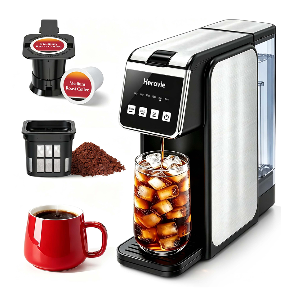 Horavie Hot & Iced Single Serve Coffee Maker for Coffee Pods & Ground 6–16oz Brew Sizes, 47oz Water Tank, Durable Stainless Steel, Slim Design, Easy to Use for Home, Office & Dorm, Black