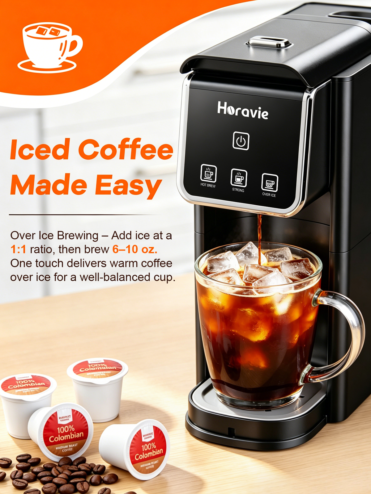Horavie Hot & Iced Single-Serve Coffee Maker – K-Pod & Ground, Strong Brew, 6–12 oz