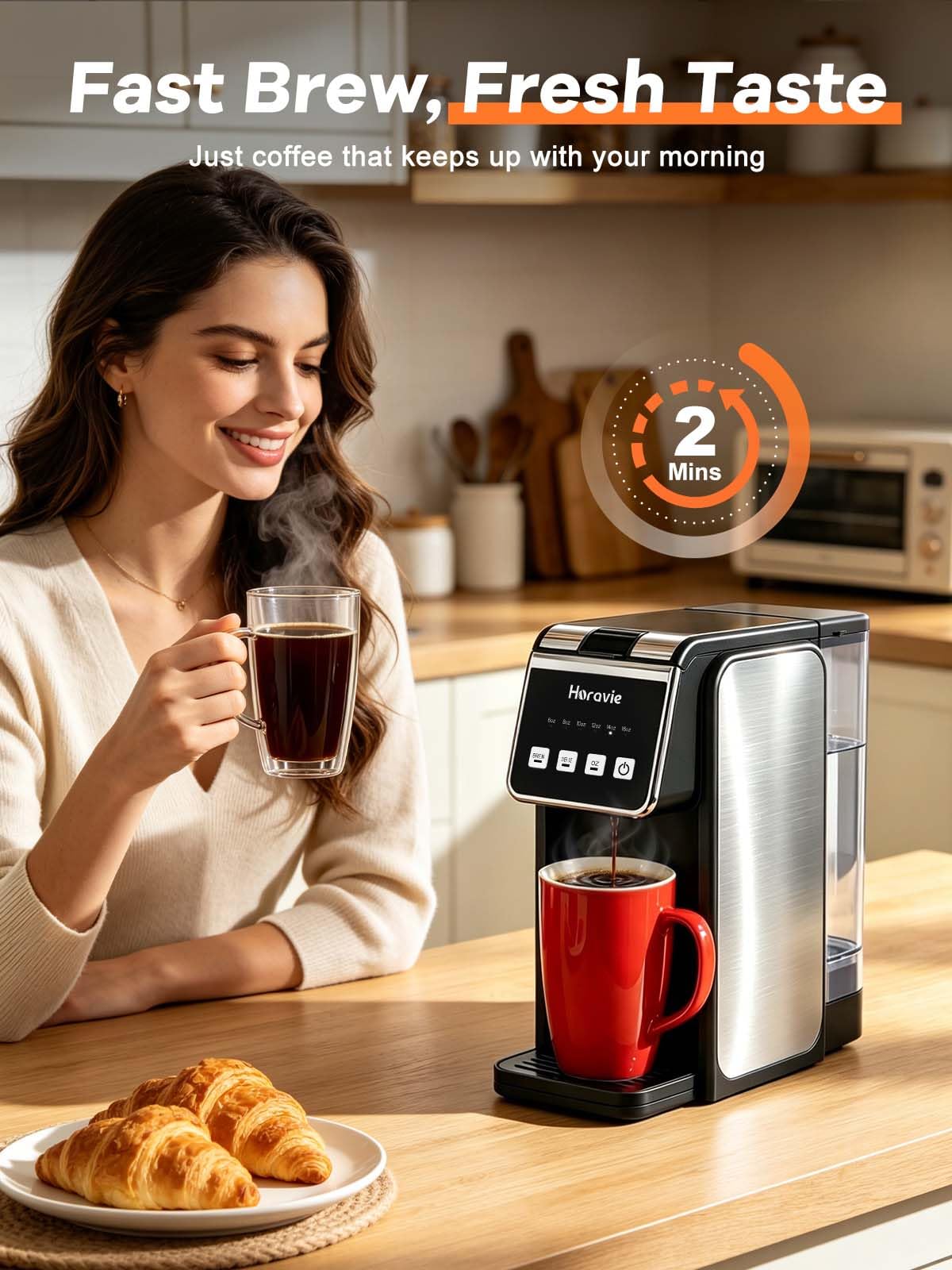 Horavie Hot & Iced Single Serve Coffee Maker for Coffee Pods & Ground 6–16oz Brew Sizes, 47oz Water Tank, Durable Stainless Steel, Slim Design, Easy to Use for Home, Office & Dorm, Black